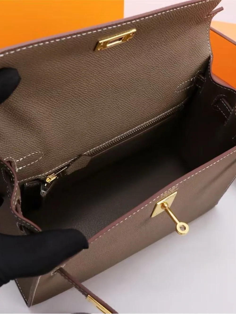 Structured Top-Handle Satchel in Taupe with Gold Hardware